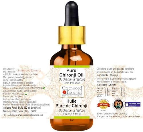 Greenwood Essential Chironji Oil (Buchanania latifolia) with Glass Dropper | Cold Pressed | Natural | Undiluted | For Diluting Essential Oils | For Skin & Massage | Men & Women | 10ml (0.33 oz)