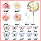 29 PCS Flower Cake Toppers Butterfly Cake Decorations Happy Birthday Cake Toppers with Artificial Pink and Purple Flowers Pea Blossoms Butterflies for Women Birthday Wedding Party Supplies