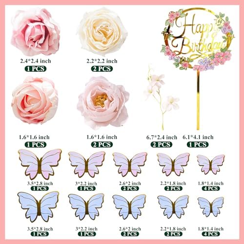 29 PCS Flower Cake Toppers Butterfly Cake Decorations Happy Birthday Cake Toppers with Artificial Pink and Purple Flowers Pea Blossoms Butterflies for Women Birthday Wedding Party Supplies