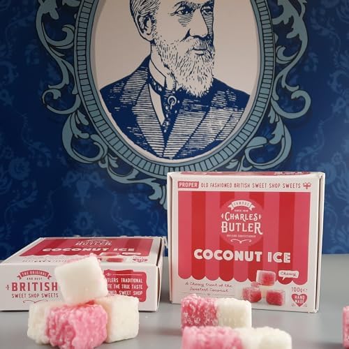 Charles Butler Coconut Ice Candy 100g (3.5 Oz) - Handmade Pink & White Coconut Sweets | Chewy English Treat | Old Fashioned British Candy Gift Box | Traditional UK Confectionery from England