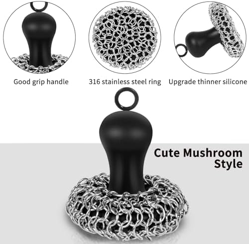 Cast Iron Cleaner Scrubber with Pan Scraper, Upgraded Chain Mail Scrubber Cast Iron Cleaning Kit, Metal Chainmail Scrubbing Sponge Scrub Brush to Clean Pan, Skillet, Grill, Dutch Oven, Wok