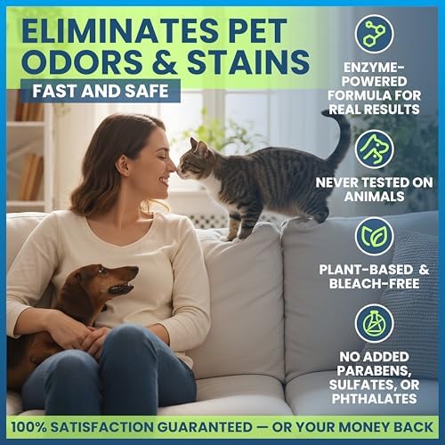 Stain & Odor Eliminator for Strong Odor, 32oz Enzyme Pet Odor Eliminator for Home, Carpet Stain Remover for Cats & Dog Pee, Enzymatic Cat Urine Destroyer, Carpet Cleaner Spray