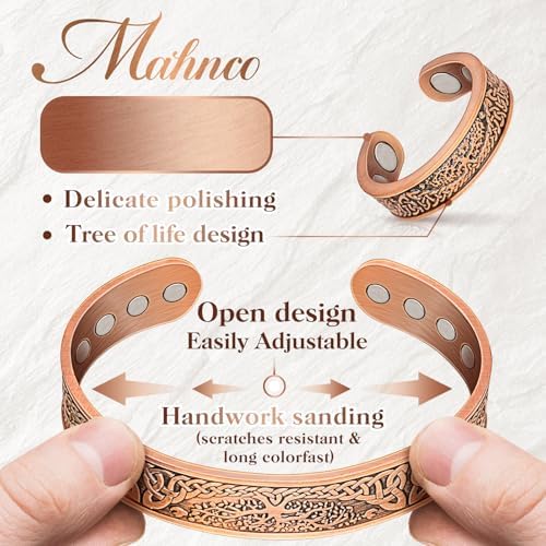 Mahnco Copper Bracelet for Men & Women,12X Strength Magnetic Bracelets & Lymphatic Drainage Ring for Mens, 100% Solid Pure Copper Jewelry Gift