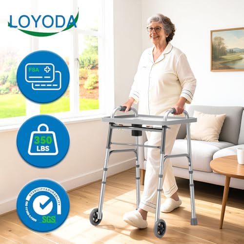 Folding Walker with Tray, 5" Wheels Lightweight Walkers for Seniors and Adults, Supports Up to 350 Pounds, Adjustable Height, Compact Standard Walker, Silver