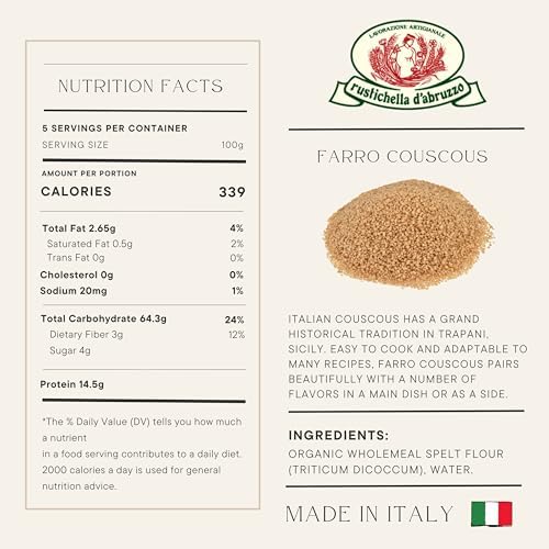 Rustichella d'Abruzzo Farro Couscous, Stone Ground Whole, Nutty Flavor & Chewy Texture, Award-Winning Pasta, Easy to Cook, 500g