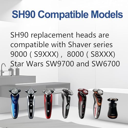 SH90 Replacement Heads Compatible with Philips Norelco Series 9000 & S8000,Metal Wheel Buckle Double-Layer Blades,Shaver Head for RQ10/RQ12