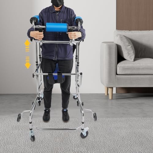 Adult Walker for Seniors - Hemiplegia Rehabilitation Standing Frame, Lower Limb Training Aid with Seat and Wheels for People 58-71 in, withstands 220 lbs, Upright Walkers for Disabled