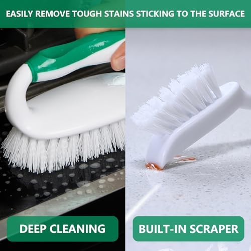 Scrub Brush Set, 4 Pack Deep Cleaning Brush Kit - 2 Scrub Brush, 2 Tile & Grout Brush with Built-in Scraper, Household Commercial Scrubber for Floor, Shower, Pool Wall, Tub (Green)