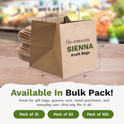 EKOBAGS SIENNA 100 | 12x8x13 inches, Kraft Paper Gift Bags with Handles | 115 GSM Brown Paper Bags for Small Business, Shopping & Party Favors | Recyclable | Holds up to 20.3L/10 lbs