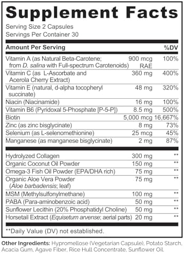 NATURELO Hair, Skin and Nails Vitamins - 5000 mcg Biotin, Collagen, Natural Vitamin E - Supplement for Healthy Skin, Hair Growth for Women and Men – 60 Capsules