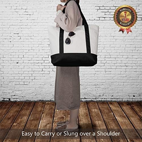 TOPDesign 1 | 3 | 6 | 30 Pack Canvas Tote Bag with an External Pocket, Reusable Grocery Shopping Bag, Top Zipper Closure, Daily Essentials (Black/Natural Pack of 1)