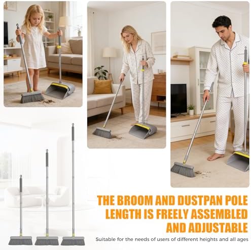 Upgrade Broom and Dustpan Set 180° Rotatable Head with 61" Extra Long Adjustable Handle Self-Cleaning Dustpan Teeth&Zero Gap Indoor Outdoor Sweeping for Home Kitchen Office Pet Hair-Gray&Yellow