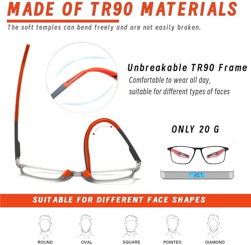 Hubeye TR90 Sports Reading Glasses for Men and Women Ultralight Flexible Anti-Blue Light Readers（Black+Grey+Orange，+1.75）