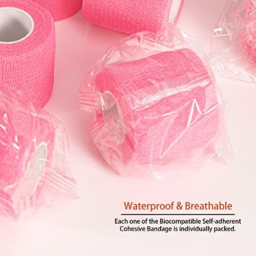 24 Pack Self Adherent Cohesive Bandage Wrap, 2” x 5 Yards Elastic Non Woven Pink Adhesive Tape, Stretch Vet Wrap for Dogs, Athletic Bandages Wrap for First Aid Medical, Sports, Ankle, Wrist Sprains