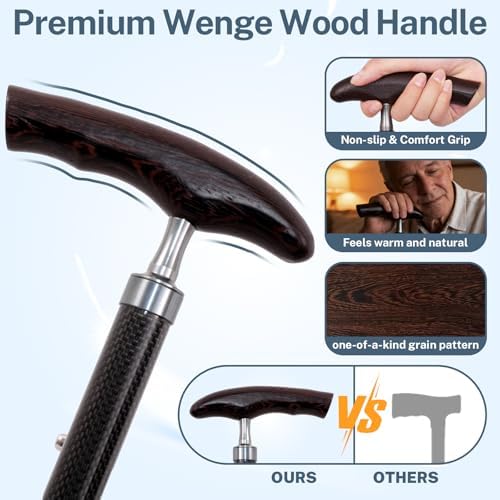 Carbon Fiber Walking Cane, Adjustable Folding Mobility Cane with Ergonomic Solid Wood Handle, Lightweight Walking Stick for Men & Women, Portable Travel Cane with Non-Slip Rubber Tip (8.3oz/235g)