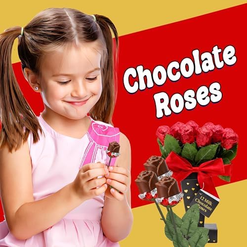 Mother's Day Chocolate Roses Gift Box, A Dozen Belgian Milk Chocolate Roses in Red Foils, Individually Wrapped Chocolate Candy Food Gift, Edible Flower Bouquet Gift Basket for Her, Mother, Wife