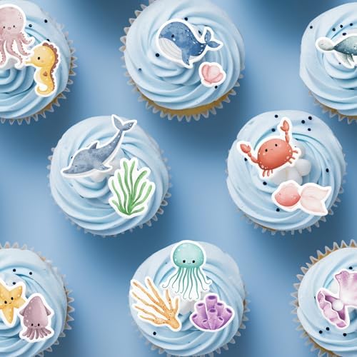 45pcs Edible Ocean Animal Cupcake Toppers Wafer Paper Under the Sea Theme Birthday Cake Decorations Turtles Octopus Seahorse Cupcake Picks for Ocean Creature Theme Birthday Party Decor