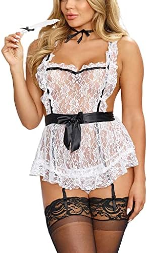 Women’s Sexy Lingerie French Maid Outfit Costume Naughty Bow See Through Lace Bodysuit Self Tie Servant Babydoll Uniform with Stockings Cosplay Roleplay Apron Fancy Dress, White