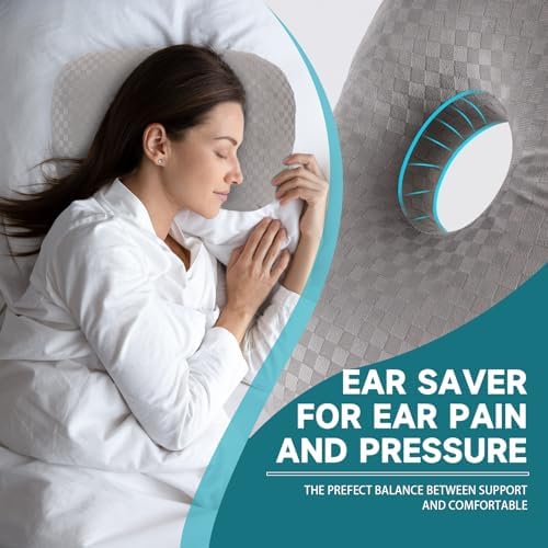 Ear Piercing Pillow with an Ear Hole, Cotton and Polyester Side Sleeping Pillow for CNH and Ear Pain Ear Inflammation Pressure Sores for Side Sleepers, Ear Guard Pillow (Light Grey)