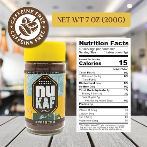 nuKAF By Gourmanity Instant Chicory Coffee Alternative, Brews Like Regular Coffee, All Natural 100% Chicory Root Powder, Great for Your Daily Drink, Rich in Prebiotics, Kosher, 7oz jars (Pack of 2)