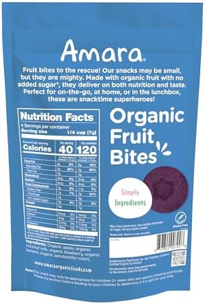 Amara Organic Fruit Bites Blueberry - No Artificial Colors/Dyes, No Added Sugar, Dairy-Free Fruit Snacks, Made with Organic Whole Foods, Healthy Fruit Snacks for Kids - 6 Pack