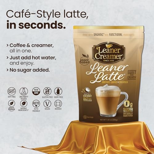 Leaner Latte Instant Coffee + Creamer Mix | 0g Sugar, Keto, Low Carb | Metabolic- Friendly, Naturally Sweetened | Plant-Based, Dairy-Free | MCT Oil & L-Theanine for Calm FocusV