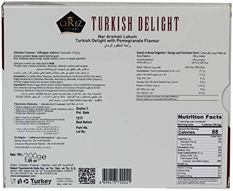 Cerez Pazari Turkish Delight with Pomegranate Flavour 200 gr Gourmet Small Size Snacks Gift Box No Nuts Sweet Luxury Traditional Confectionery Vegan Candy Dessert Glucose Free Lokum Approx.18 Pcs