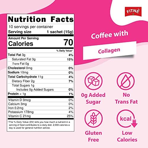 FITNE Instant 3 In 1 Coffee Packets Mix With Natural Hydrolyzed Collagen Vitamin C Smooth Blend Tasty Aromatic No Sugar Sucralose Sweetener, 10 Sachets