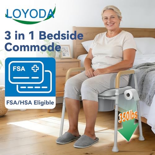 3 in 1 Bedside Commode Chair, Portable Commode Toilet for Seniors with Removable Bucket & Splash Guard, Adjustable Height, 350 lb Weight Capacity, Easy Cleaning, Tool-Free Assembly
