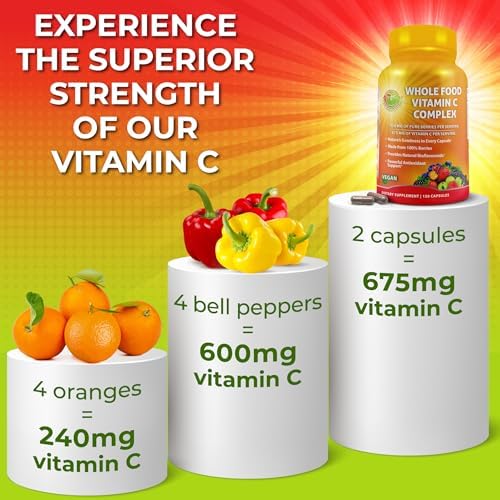 Whole Food Vitamin C Complex - 1450mg Organic Berries - 675 mg Vitamin C per Serving, High-Potency Antioxidant & Immune Support with Acerola, Amla and Natural Bioflavonoids - Vegan, Non-GMO, 120 Count