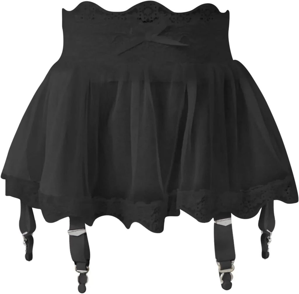 Women High Waist Lace Bandage Sexy Mini Skirt Garter Belt Adjustable Short Dress with Four-Breasted Ladies Lingerie Stockings(Black,Large)