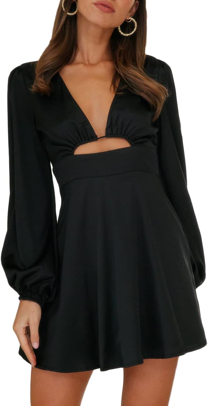 Women's Dress Satin Deep V-Neck Long Sleeve Mini Dress Silk Lantern Sleeve A-Line Front Cut Out Dresses