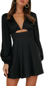 Women's Dress Satin Deep V-Neck Long Sleeve Mini Dress Silk Lantern Sleeve A-Line Front Cut Out Dresses
