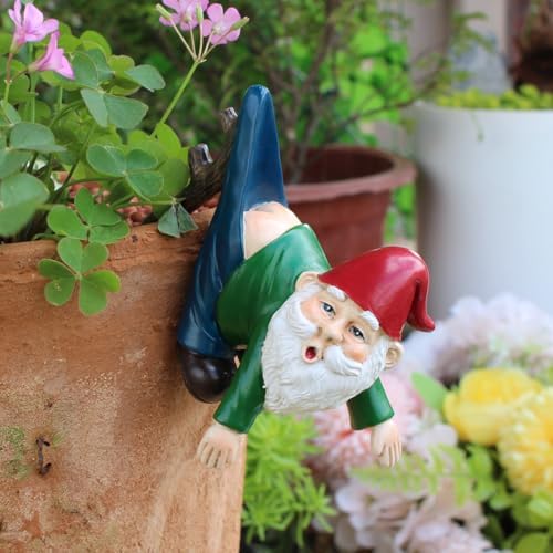 Funny Garden Gnome Statue Flower Pot Hugger, Pants Hanging on Branch Gnome Figurine Resin Sculpture Outdoor Decor Patio Lawn Yard Fence Plant Pot Ornaments