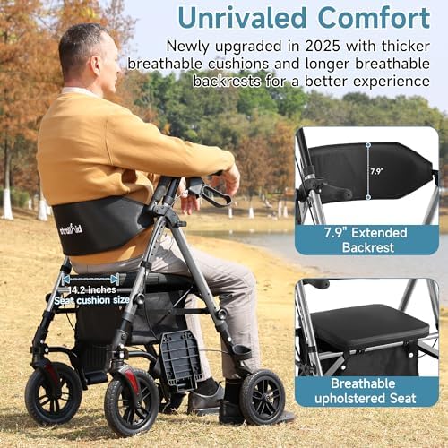 Walkers for Seniors, 2 in 1 Rollator Wheelchairs Combo 10" Big Wheels Walker with Seat, Rollator Transport Chair with Brakes Folding Rolling Walker for Adults, Grey
