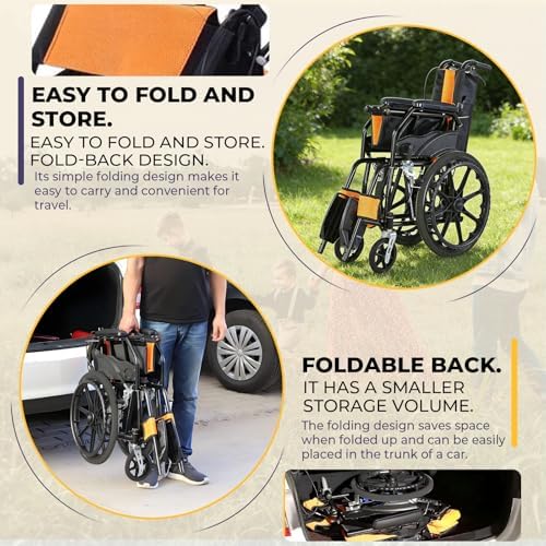 Lightweight Wheelchair with Swing-Away Footrests and Flip-Back Arms, Portable Folding Transport Wheelchair or Adults & Seniors with Brake for Storage and Travel Use, 17 Inch Seat,300 Lbs (Black)