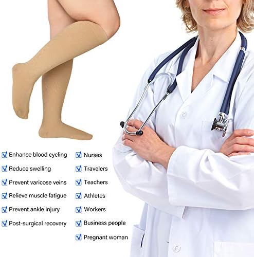 XL Extra Wide Calf Compression Socks for Women & Men 20-32 mmHg Knee High Plus Size Compression Socks Flexible Fit for Nurse, Running, Pregnancy, Flying, Travel ( Beige, XL )