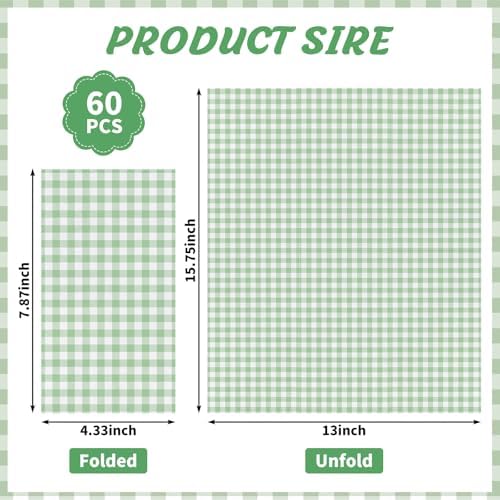 NatNarr 60 Pcs Sage Green Gingham Napkins, 2 Ply Sage Green and White Plaid Bathroom Napkins Guest Disposable Checkered Dinner Napkin for Wedding, Bridal Shower, Picnic, Garden Party