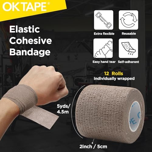 OK TAPE 12 Rolls Self Adhesive Bandage Wrap, Elastic Athletic Tape, Self Stick Bandage Tape, Vet Wrap, Medical Wrap for Wrist, Feet, 2" x 5 Yards - Brown