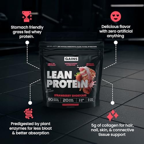 Gains in Bulk Lean Protein Powder With Collagen Peptides, Gluten Free Grass Fed Whey, 20 G Protein & 5 G Collagen, Plant Enzymes to Support Digestion, Natural Flavor, Strawberry Shortcake, 27 Servings