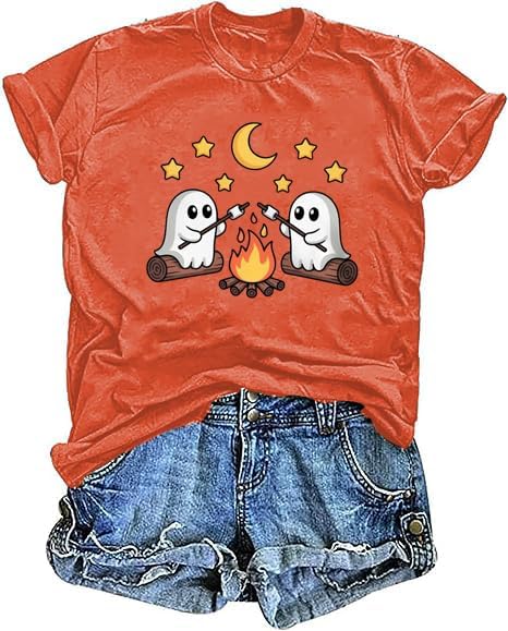 Fall Shirts for Women Cute Ghost with Coffee Pumpkin Graphic Casual Halloween Tee Autumn Thanksgiving Tops