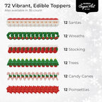 Christmas Cupcake Toppers, Holiday Cake Toppers, Royal Icing Decorations, Cupcake Decorations, Cake Toppers, Holiday, Edible, Cookies and Chocolates, by Global Sugar Art (Wreath Poinsettia, 72 Count)