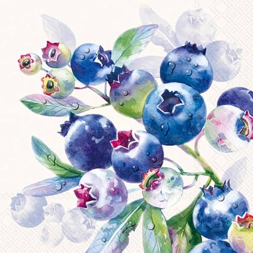 IHR Ideal Home Range Cocktail Napkins Disposable 3-Ply Paper Party Napkin Pack, 5" x 5", Blueberry Fruits (Cream), 20-Count