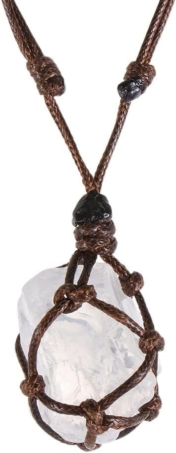 Natural Stone Crystal Necklace Quartz Raw Net Pocket Pendant Necklace Healing Stone Reiki Hangings Craft with Weave Rope (Color : 1-White Crystal)