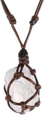 Natural Stone Crystal Necklace Quartz Raw Net Pocket Pendant Necklace Healing Stone Reiki Hangings Craft with Weave Rope (Color : 1-White Crystal)