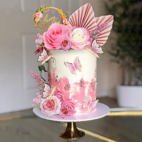 17 PCS Flower Cake Toppers Boho Cake Toppers Butterfly Cake Decorations with Light Artificial Roses Eucalyptus for Wedding Birthday Supplies (Light Pink)