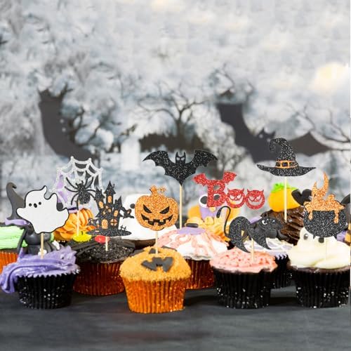 24 Pack Halloween Cupcake Toppers Set, Black Glitter Bat Spider Pumpkin Hat Ghost Cupcake Picks for Baby Shower, Halloween and Birthday Party Decorations Supplies (Multi Patterns)