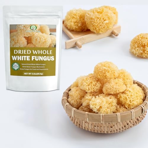 Dried Whole White Fungus - 2.8 oz, All-Natural Snow Fungus Mushrooms - Linden Log Grown, Whole Natural Tremella for Cooking, Soup and Vegan Recipes, No Additives