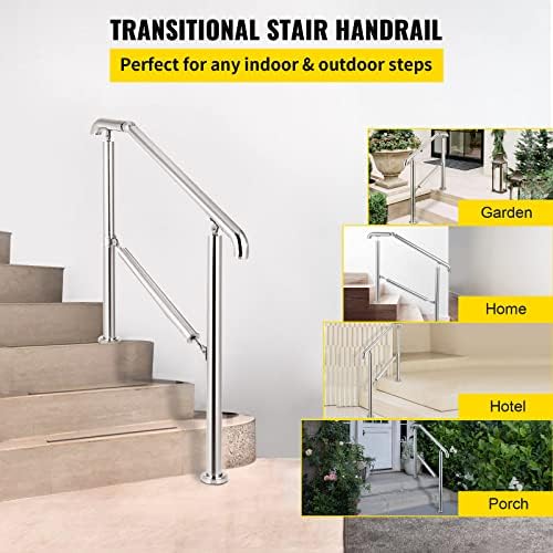 VEVOR Handrail for Outdoor Steps, 2-3 Steps Outdoor Handrail, Adjustable Stainless Steel Staircase Handrail, Thickened Stair Railings for Porch Railing, Deck Handrail