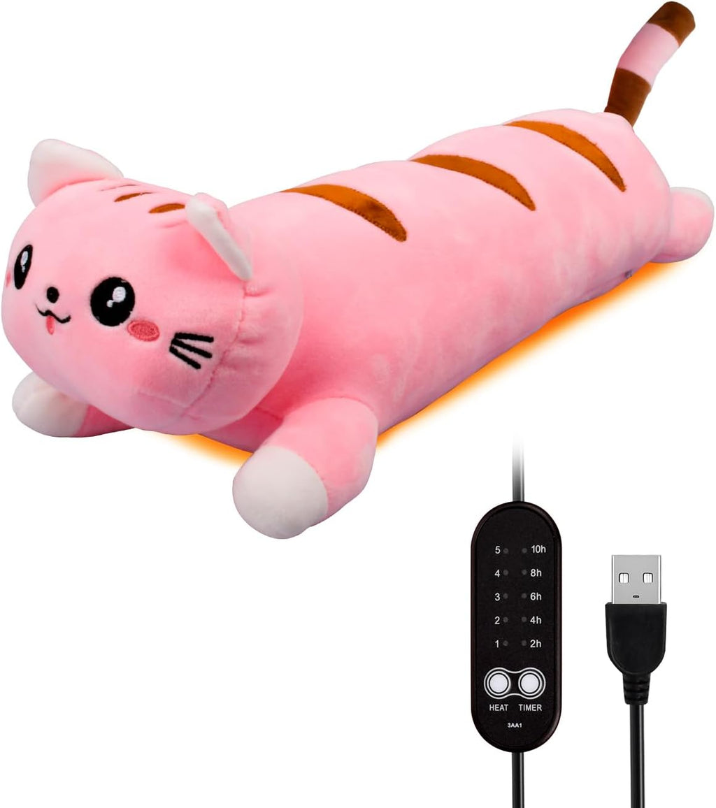 20" Pink Cat Heating Pad for Period Cramps USB Portable Electric 5 Heat Settings 5 Timer Modes Auto Shut Off Plush Stuffed Animal Warmer for Neck Back Pain Relax for Women Kids